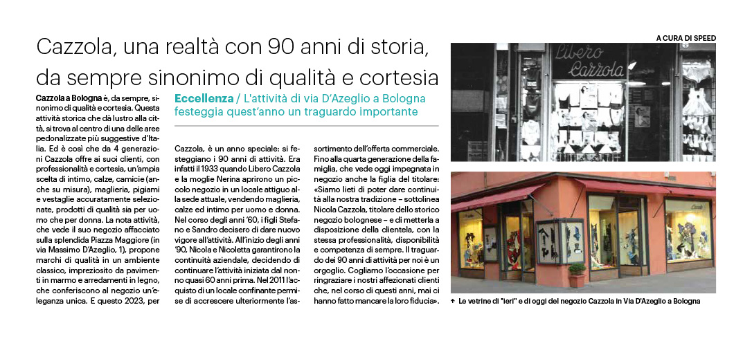 Articolo Resto del Carlino 90 anni di storia del negozio Cazzola Bologna centro